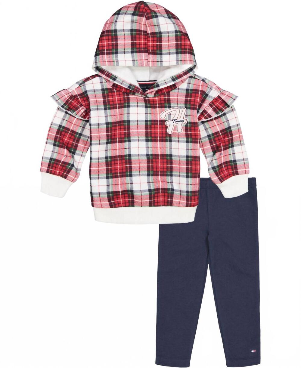 NEW TOMMY HILFIGER little girls signature plaid hoodie and leggings 2-piece set